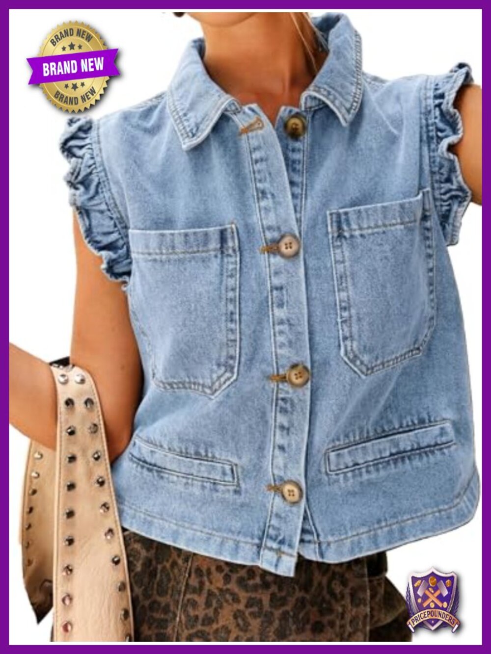 Women's Denim Vest Ruffle Cuffed Sleeveless Cropped Jacket